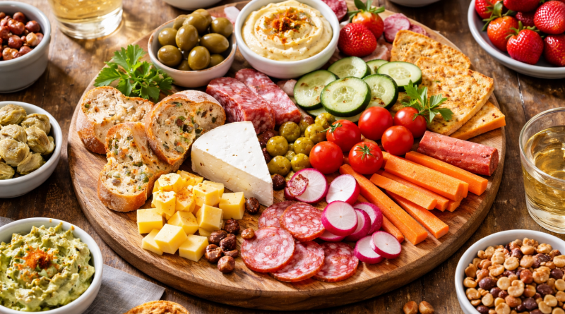 assiette improvisée avec pain, légumes et fromage sur une table simple