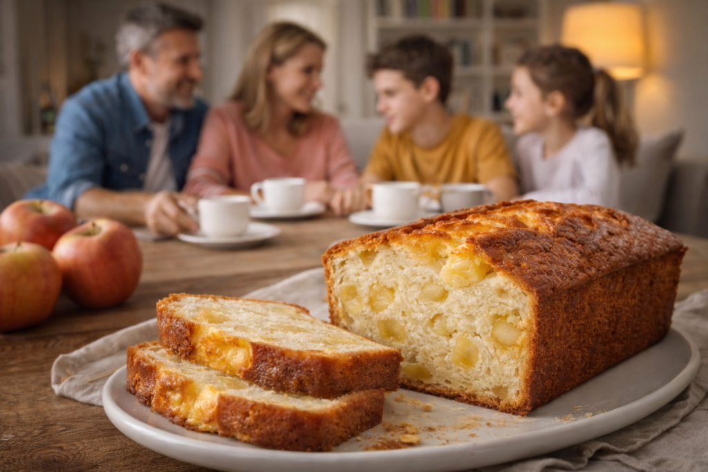 Cake aux pommes maison doré, tranché et moelleux, présenté en gros plan sur une table de salon, avec une famille réunie autour lors d’un moment convivial.