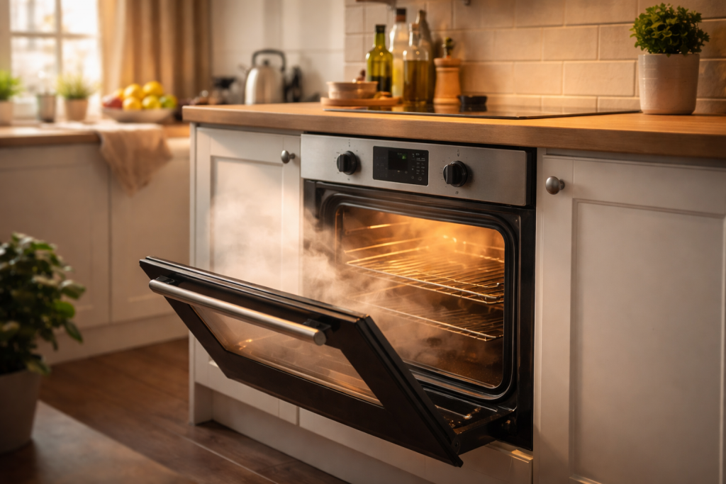 Four domestique encore chaud avec la porte entrouverte dans une cuisine, laissant la chaleur se diffuser naturellement dans la pièce.