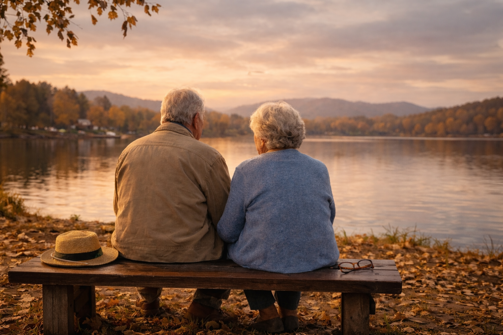 Couple de personnes âgées assises sur un banc en bois face à un lac calme, observant le paysage au coucher du soleil, dans une ambiance automnale et contemplative.