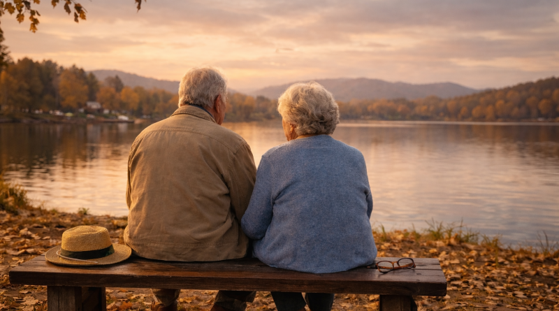 Couple de personnes âgées assises sur un banc en bois face à un lac calme, observant le paysage au coucher du soleil, dans une ambiance automnale et contemplative.