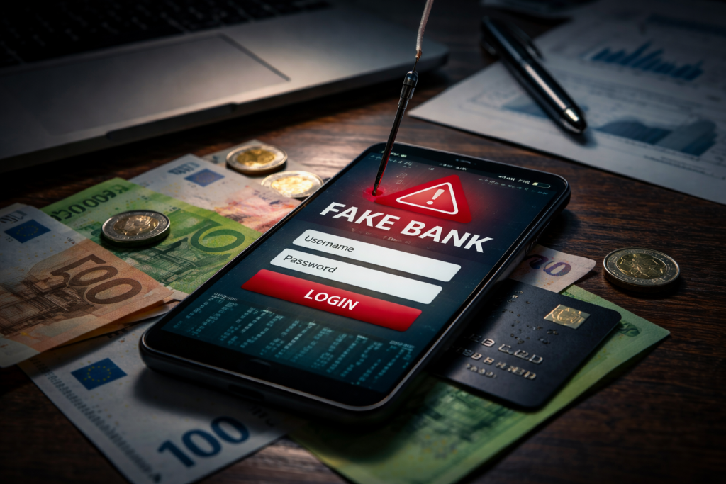 Téléphone portable posé sur des billets et des pièces, affichant un écran d’alerte de connexion frauduleuse, illustrant une tentative d’arnaque bancaire numérique.