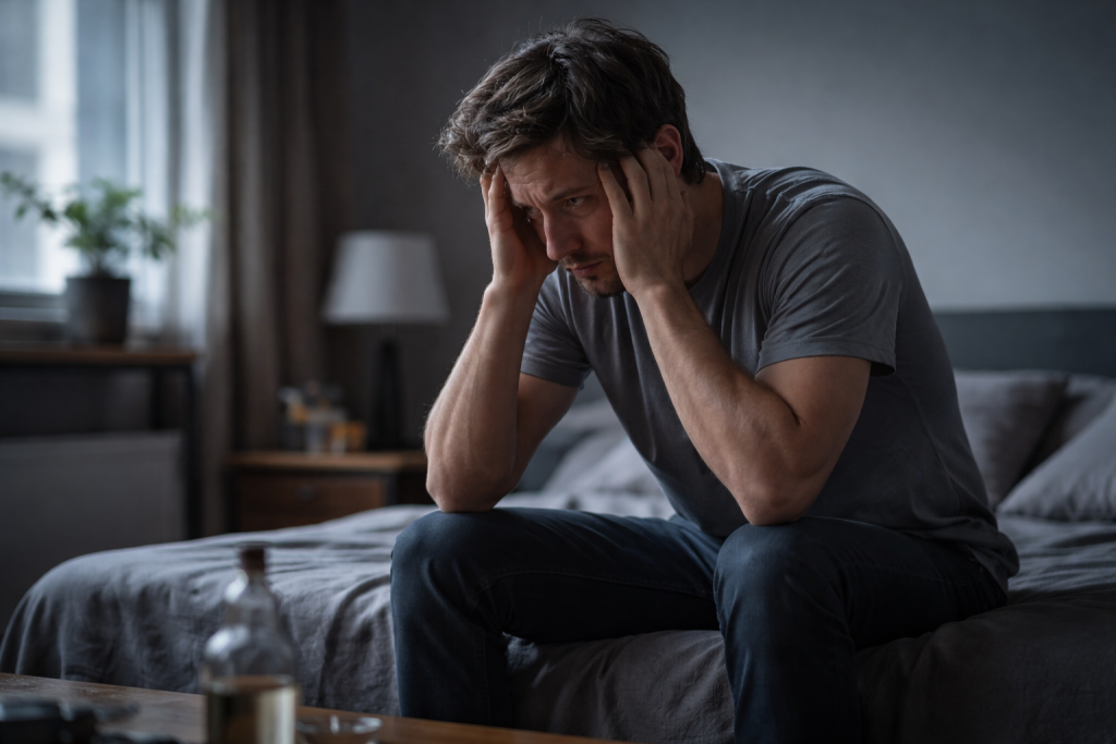 Personne assise seule, l’air anxieux, dans un intérieur sombre, symbolisant les effets du sevrage alcoolique