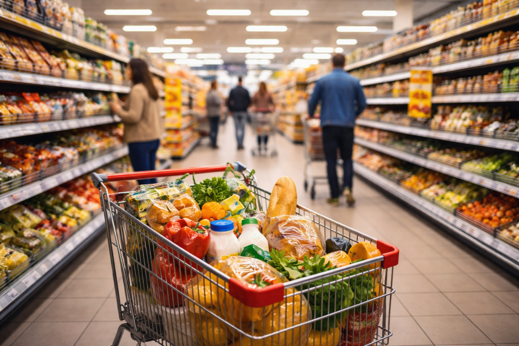 allée de supermarché avec un chariot rempli de produits alimentaires et des clients faisant leurs courses
