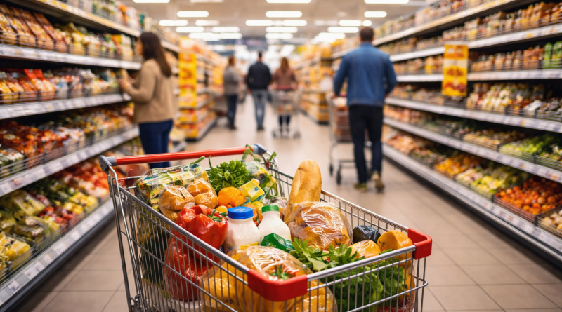 allée de supermarché avec un chariot rempli de produits alimentaires et des clients faisant leurs courses