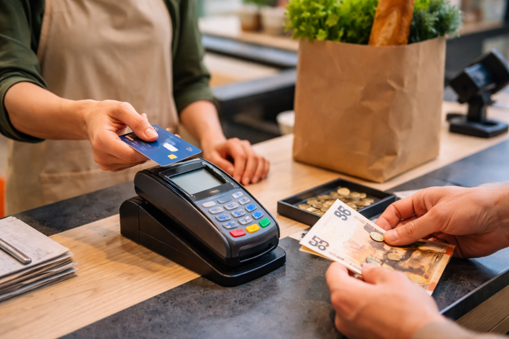 Client réglant un achat à une caisse avec carte bancaire tandis qu’un autre paie en espèces sur un comptoir de commerce