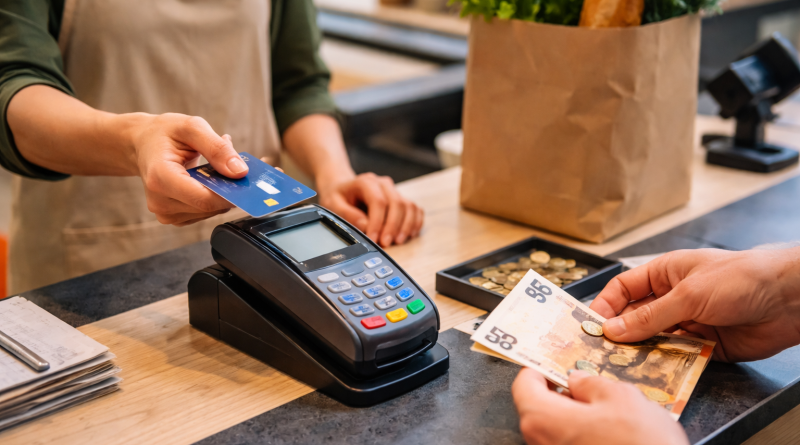 Client réglant un achat à une caisse avec carte bancaire tandis qu’un autre paie en espèces sur un comptoir de commerce