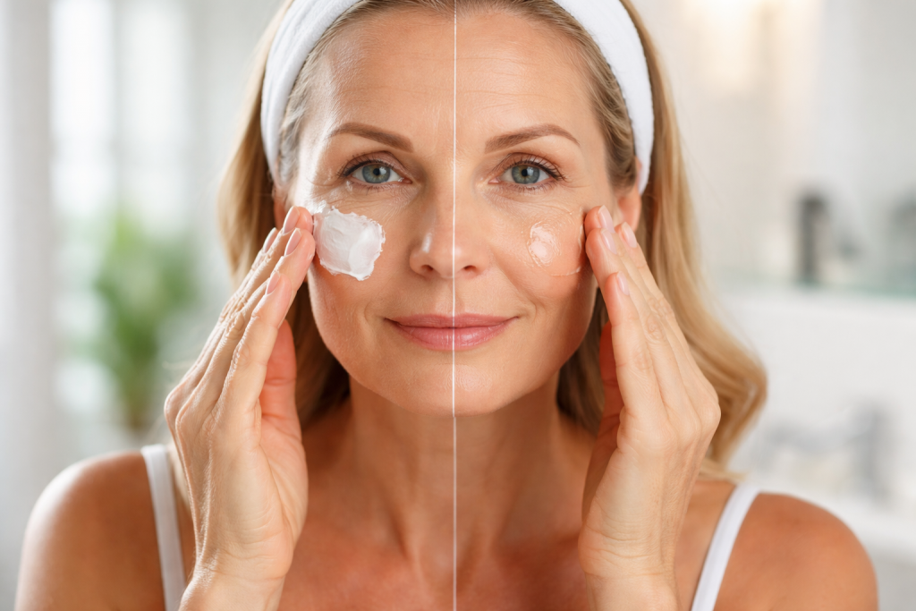 Visage adulte partagé en deux avec application de deux crèmes différentes, illustrant une comparaison de soins hydratants sur l’apparence des rides.