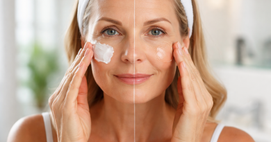 Visage adulte partagé en deux avec application de deux crèmes différentes, illustrant une comparaison de soins hydratants sur l’apparence des rides.