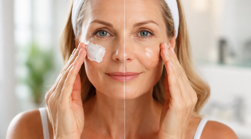 Visage adulte partagé en deux avec application de deux crèmes différentes, illustrant une comparaison de soins hydratants sur l’apparence des rides.