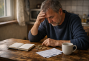 Un homme d’âge mûr assis à une table de cuisine modeste compte des pièces de monnaie posées près de factures et d’un carnet, dans une ambiance calme et réaliste.