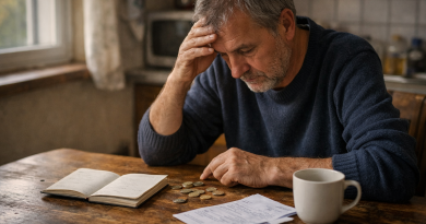 Un homme d’âge mûr assis à une table de cuisine modeste compte des pièces de monnaie posées près de factures et d’un carnet, dans une ambiance calme et réaliste.