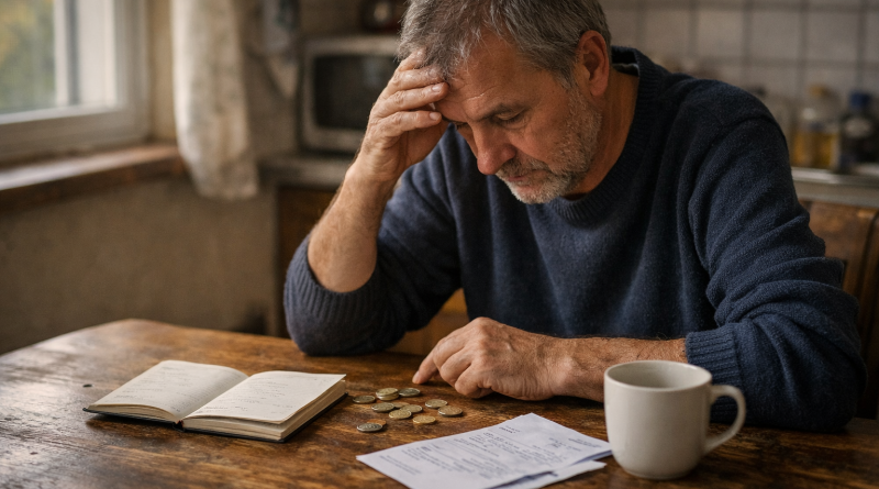 Un homme d’âge mûr assis à une table de cuisine modeste compte des pièces de monnaie posées près de factures et d’un carnet, dans une ambiance calme et réaliste.