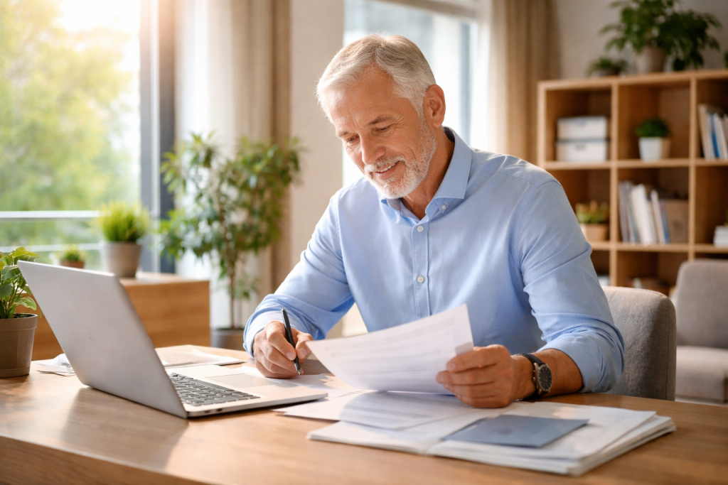 Personne senior encore en activité professionnelle, assise à un bureau lumineux, consultant des documents de travail dans un environnement calme et moderne.