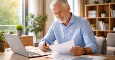 Personne senior encore en activité professionnelle, assise à un bureau lumineux, consultant des documents de travail dans un environnement calme et moderne.