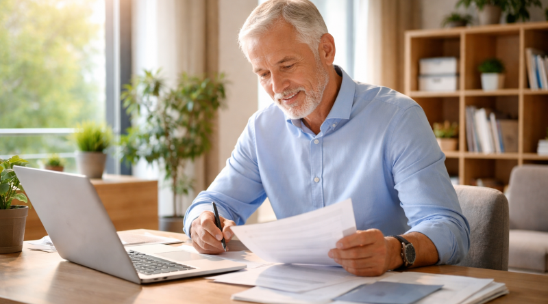 Personne senior encore en activité professionnelle, assise à un bureau lumineux, consultant des documents de travail dans un environnement calme et moderne.