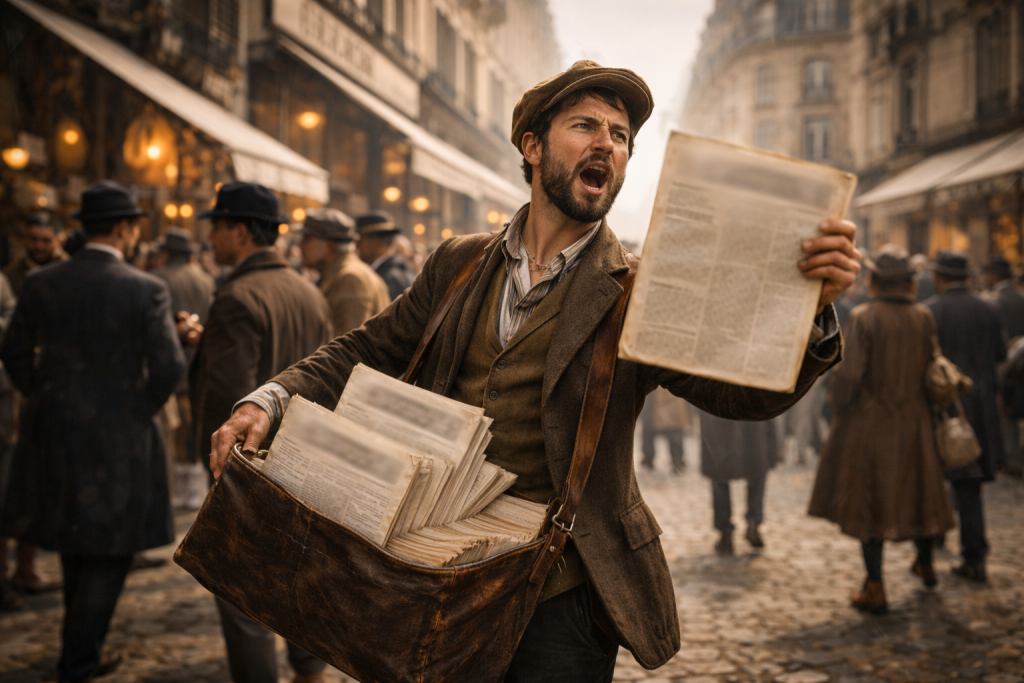 Vendeur de journaux criant dans une rue animée d’une grande ville au début du XXe siècle, tenant des exemplaires imprimés au papier jauni, scène de vie urbaine ancienne.