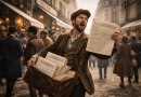 Vendeur de journaux criant dans une rue animée d’une grande ville au début du XXe siècle, tenant des exemplaires imprimés au papier jauni, scène de vie urbaine ancienne.