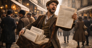 Vendeur de journaux criant dans une rue animée d’une grande ville au début du XXe siècle, tenant des exemplaires imprimés au papier jauni, scène de vie urbaine ancienne.
