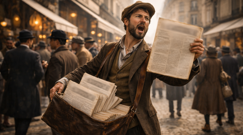 Vendeur de journaux criant dans une rue animée d’une grande ville au début du XXe siècle, tenant des exemplaires imprimés au papier jauni, scène de vie urbaine ancienne.