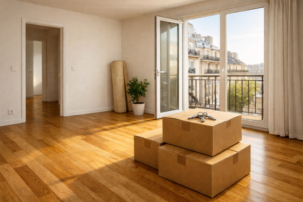 Appartement vide avec cartons de déménagement et clés posées dans une pièce lumineuse