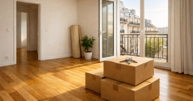 Appartement vide avec cartons de déménagement et clés posées dans une pièce lumineuse