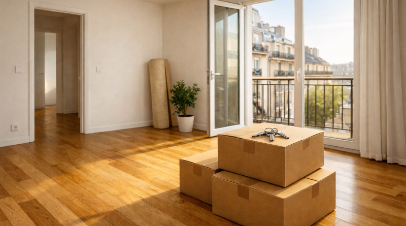 Appartement vide avec cartons de déménagement et clés posées dans une pièce lumineuse