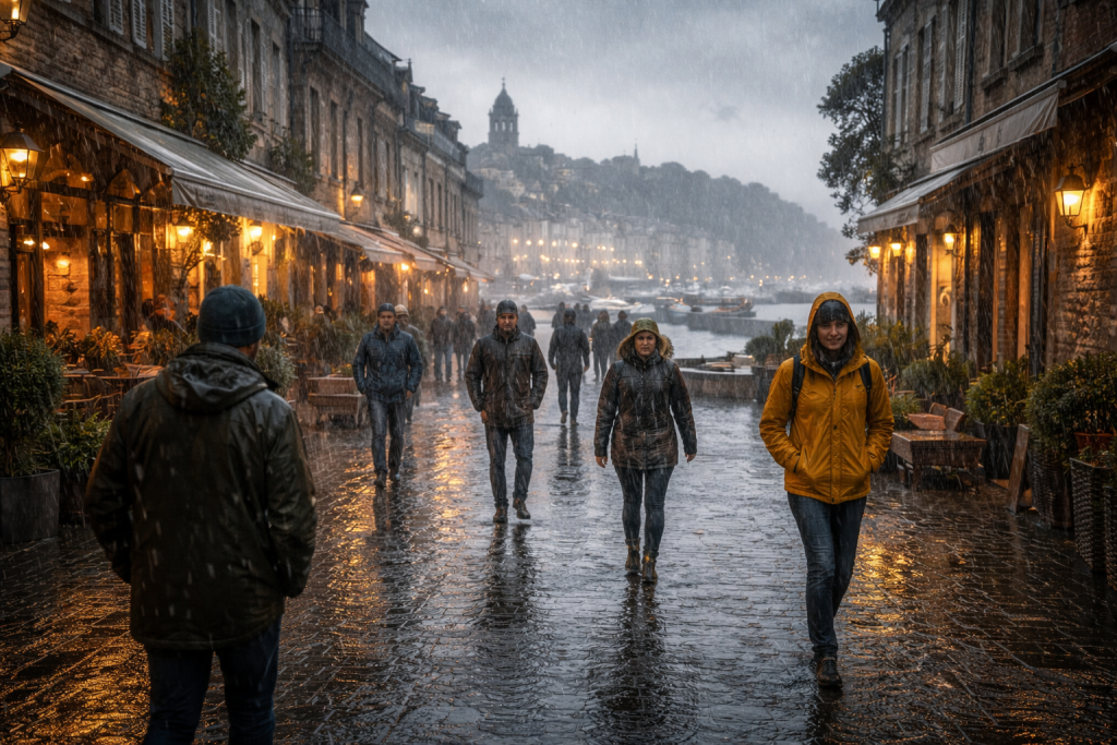 Village sous une pluie torrentielle, habitants marchant calmement dans les rues mouillées sans parapluie, habitués aux fortes précipitations quotidiennes.