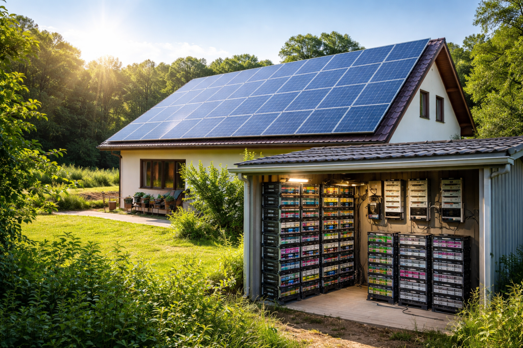 Maison individuelle équipée de panneaux solaires sur le toit, avec un local annexe contenant de nombreuses batteries de stockage d’électricité, illustrant une habitation totalement autonome en énergie.