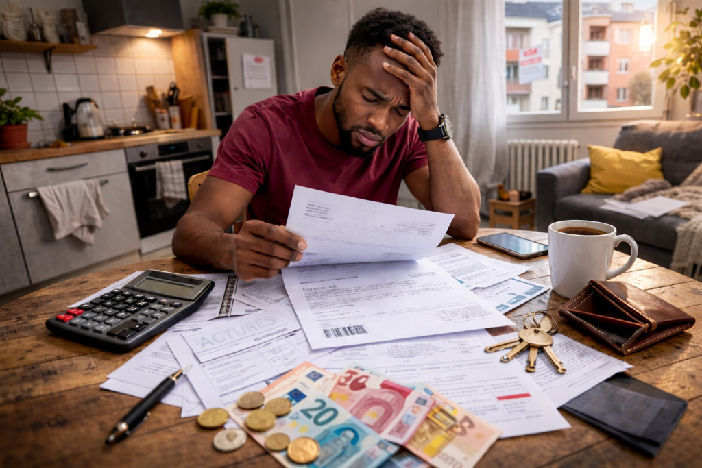 Homme assis à une table en bois dans un appartement, consultant une feuille au milieu de nombreuses factures et documents administratifs éparpillés, avec calculatrice, billets et pièces en euros, portefeuille ouvert, clés et tasse de café, illustrant le stress financier lié aux difficultés de paiement du logement.