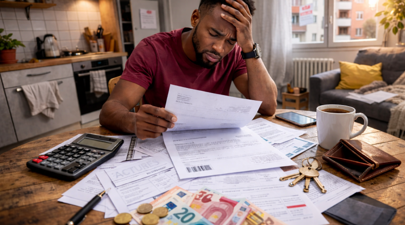 Homme assis à une table en bois dans un appartement, consultant une feuille au milieu de nombreuses factures et documents administratifs éparpillés, avec calculatrice, billets et pièces en euros, portefeuille ouvert, clés et tasse de café, illustrant le stress financier lié aux difficultés de paiement du logement.