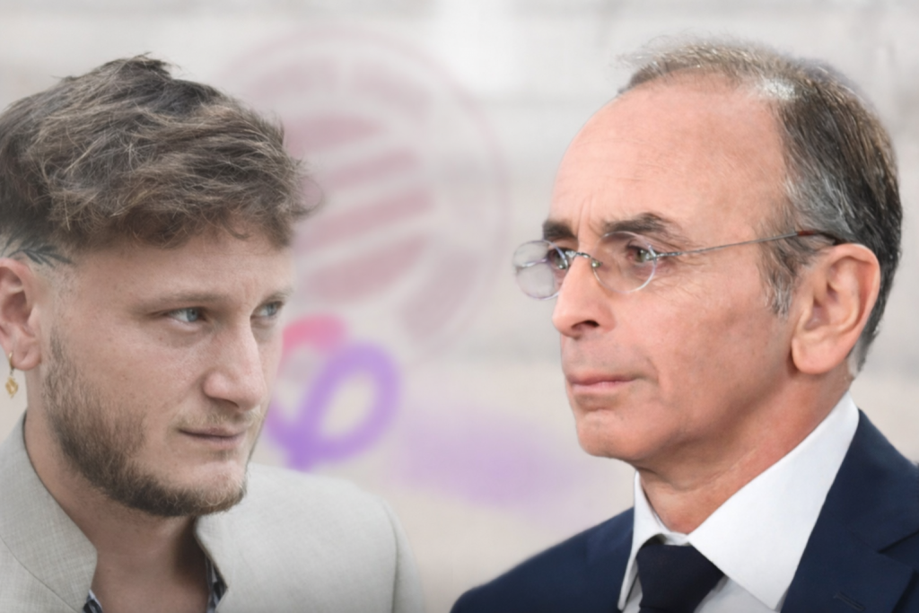 Gros plan de deux responsables politiques français face à face, l’un plus jeune avec cheveux courts légèrement ébouriffés et barbe courte portant une veste claire, l’autre plus âgé avec cheveux grisonnants et lunettes fines habillé d’un costume sombre et d’une cravate, échangeant un regard tendu sur fond neutre volontairement flouté sans texte ni logo visible, illustrant une confrontation politique et judiciaire.
