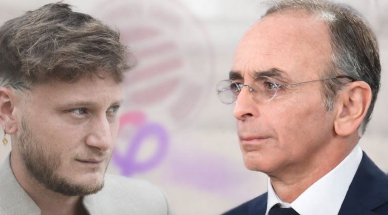 Gros plan de deux responsables politiques français face à face, l’un plus jeune avec cheveux courts légèrement ébouriffés et barbe courte portant une veste claire, l’autre plus âgé avec cheveux grisonnants et lunettes fines habillé d’un costume sombre et d’une cravate, échangeant un regard tendu sur fond neutre volontairement flouté sans texte ni logo visible, illustrant une confrontation politique et judiciaire.