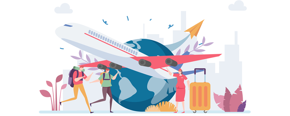 Illustration montrant un avion décollant au-dessus d’un globe terrestre, entouré de voyageurs avec sacs à dos et valises, symbolisant les nouvelles tendances du voyage et la mobilité internationale.