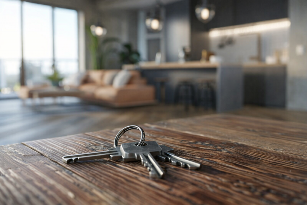 Jeu de clés métalliques posé sur une table en bois dans un appartement lumineux en arrière-plan, avec salon et cuisine floutés, illustrant les droits et obligations des locataires en matière de location immobilière.