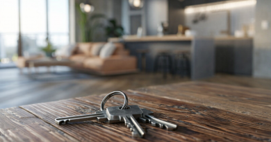 Jeu de clés métalliques posé sur une table en bois dans un appartement lumineux en arrière-plan, avec salon et cuisine floutés, illustrant les droits et obligations des locataires en matière de location immobilière.