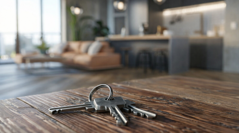 Jeu de clés métalliques posé sur une table en bois dans un appartement lumineux en arrière-plan, avec salon et cuisine floutés, illustrant les droits et obligations des locataires en matière de location immobilière.
