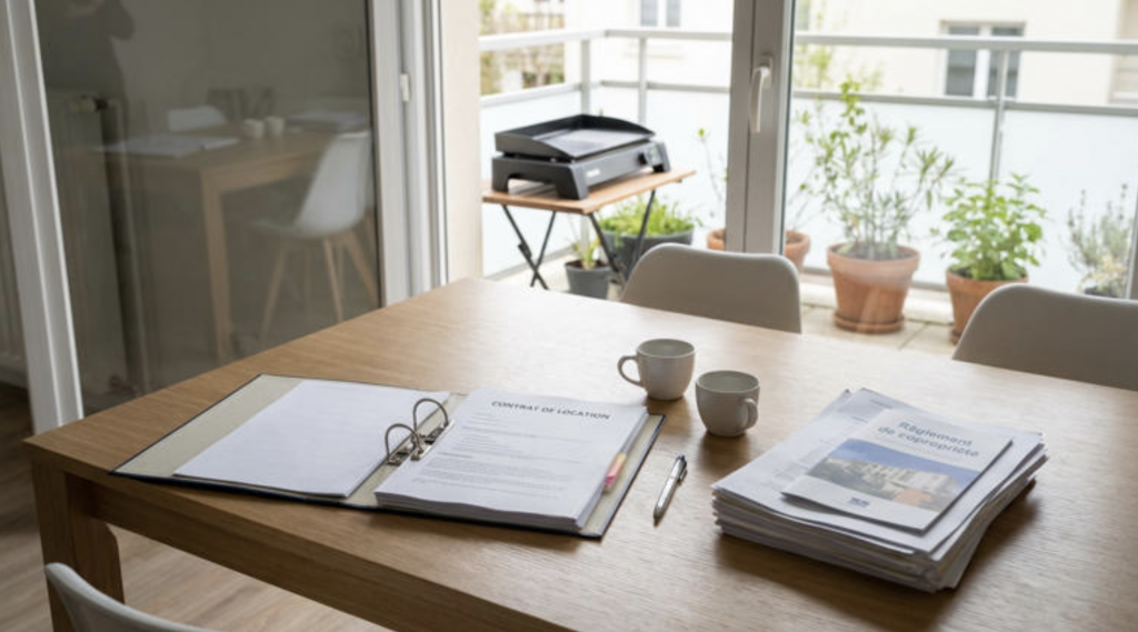 Table en bois dans un appartement lumineux avec un contrat de location ouvert dans un classeur, des documents administratifs empilés, un stylo et deux tasses de café, donnant sur un balcon avec plantes en pots et un barbecue électrique.