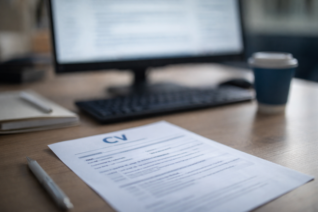 scène floue représentant un bureau avec un CV posé sur un bureau et un écran d’ordinateur en arrière-plan.