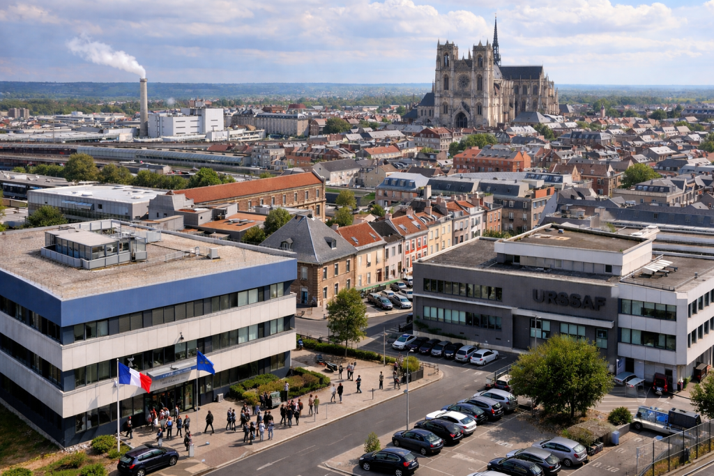 Vue aérienne d’une ville française montrant des bâtiments administratifs modernes au premier plan et un centre-ville dense à l’arrière-plan, illustrant une enquête liée à des déclarations sociales manquantes.