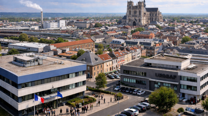 Vue aérienne d’une ville française montrant des bâtiments administratifs modernes au premier plan et un centre-ville dense à l’arrière-plan, illustrant une enquête liée à des déclarations sociales manquantes.