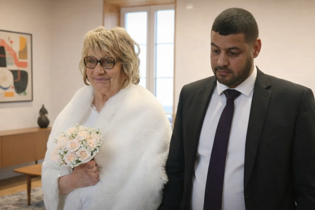 Femme âgée en tenue de mariage tenant un bouquet de fleurs aux côtés d’un homme plus jeune en costume lors d’une cérémonie civile en mairie