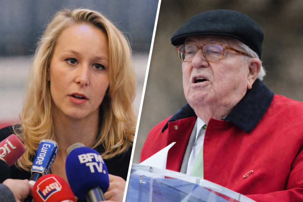 Montage photo montrant une femme politique s’exprimant face à des microphones et, en vis-à-vis, un homme âgé lors d’une prise de parole publique, dans un contexte de controverse politique.