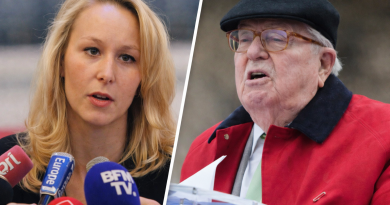 Montage photo montrant une femme politique s’exprimant face à des microphones et, en vis-à-vis, un homme âgé lors d’une prise de parole publique, dans un contexte de controverse politique.