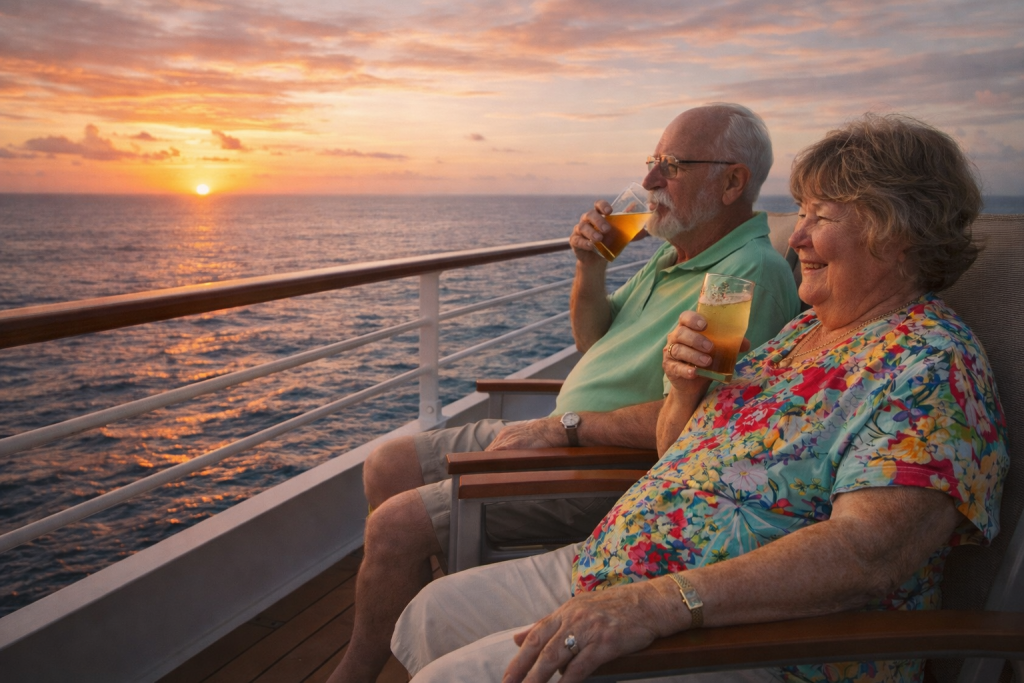 Couple de personnes âgées assises sur le pont d’un navire, sirotant un verre face à l’océan au coucher du soleil, dans une atmosphère calme et apaisante.