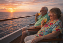 Couple de personnes âgées assises sur le pont d’un navire, sirotant un verre face à l’océan au coucher du soleil, dans une atmosphère calme et apaisante.