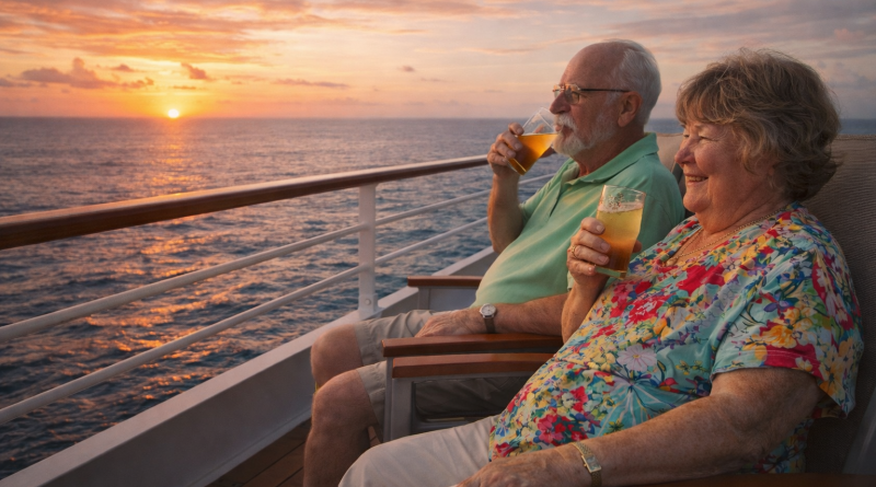 Couple de personnes âgées assises sur le pont d’un navire, sirotant un verre face à l’océan au coucher du soleil, dans une atmosphère calme et apaisante.