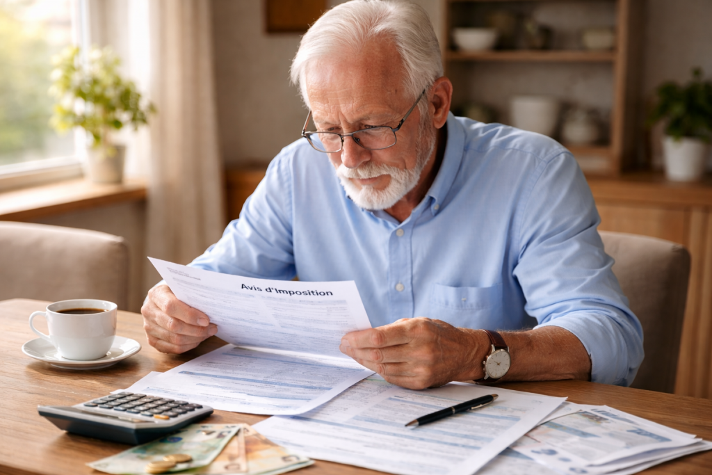 Un homme âgé assis à une table analyse des documents fiscaux liés à sa pension de retraite, avec des papiers administratifs, un calculateur et des billets posés devant lui, dans un intérieur lumineux et calme.