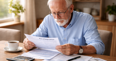 Un homme âgé assis à une table analyse des documents fiscaux liés à sa pension de retraite, avec des papiers administratifs, un calculateur et des billets posés devant lui, dans un intérieur lumineux et calme.