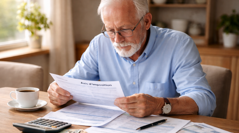 Un homme âgé assis à une table analyse des documents fiscaux liés à sa pension de retraite, avec des papiers administratifs, un calculateur et des billets posés devant lui, dans un intérieur lumineux et calme.